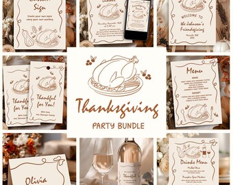 Puede incluir: Paquete de fiesta de Acción de Gracias con invitaciones, menús y letreros. Los diseños incluyen una ilustración de pavo y el texto "Thanksgiving Party Bundle". La combinación de colores es crema y marrón.