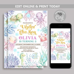 Invitación de cumpleaños "Bajo el mar": Fiesta oceánica editable para niñas (digital)