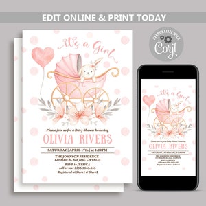 Editable Bunny Baby Shower Invitation, A little Bunny Baby Shower invite, Blush Pink Spring Baby Shower Invitations it&#39;s a Girl invites N162