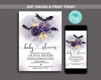 Gothic Floral Halloween Baby Shower Invitation Template (Digital Download)