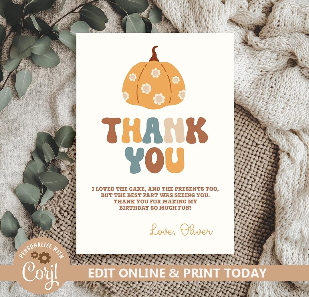 Little Pumpkin Thank You Card First Birthday Party Favor Card Template ...