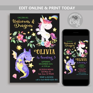 Unicorns and Dragons Birthday Invitation, Magical Birthday Party invite, Sibling Birthday, Joint Birthday, Unicorn & Dragon Split Party N131