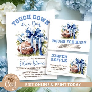 Football Baby Shower Invitation Blue Sports Theme Baby Shower Bundle Touchdown Boy Baby Shower Evite It's a Boy Football Invitation N213
