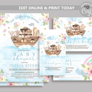 Noah&#39;s Ark Baby Shower Invitation Bundle, Boho Animals Party Template, The Adventure Begins, Safari Animals Baby Shower Invite Set N135