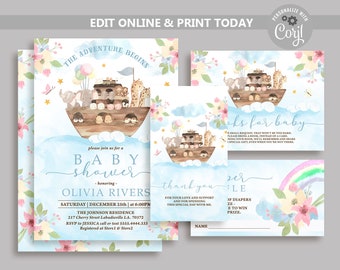 May include: A blue and pink baby shower invitation with a watercolor illustration of animals on a boat. The invitation includes the text "The Adventure Begins", "Baby Shower", "Olivia Rivers", "Saturday, December 25th at 6:00 PM", "The Johnson Residence", "217 Cherry Street Labadieville LA. 70372", "RSVP to Jessica call or text 5555.4444.333", and "Registered at Store 1 & Store 2".
