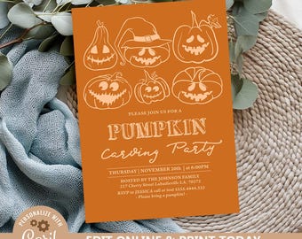 Pumpkin Carving Party Invitation: Halloween Hand Drawn Editable Template N302