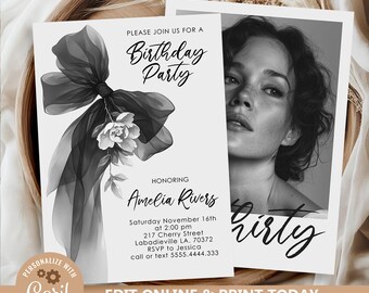 Editable Black Bow Birthday Invitation N307