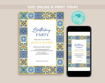 Mediterranean, Azulejos Blue Tiles Birthday Invitation Template, Positano Birthday Invite, Italian Theme Birthday party instant download N55