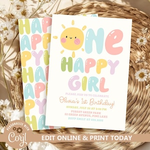 May include: A colourful printable invitation for a first birthday party. The invitation features a sun with a smiling face, the words "One Happy Girl" in pastel colours, and the text "Please join us to celebrate Olivia's 1st Birthday!"  The invitation also includes the date, time, and location of the party.
