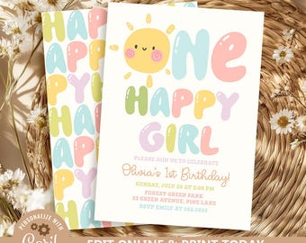 One Happy Girl Birthday Invite 1st Birthday Invitation Girl First Birthday Invitation Sun Invitation Sunshine Editable Template N283
