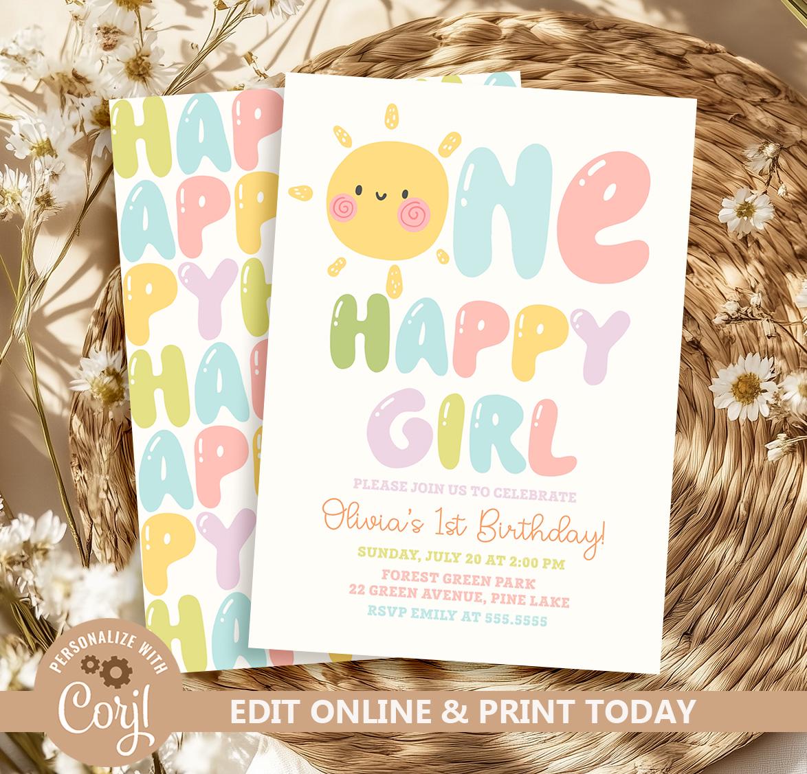 One Happy Girl Birthday Invite 1st Birthday Invitation Girl First Birthday Invitation Sun Invitation Sunshine Editable Template N283
