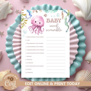 Editable Under The Sea Baby Word Scramble Game, Ocean Theme Baby Word Jumble Game, Sea Animals Baby Shower Game Pink Jellyfish Template N271