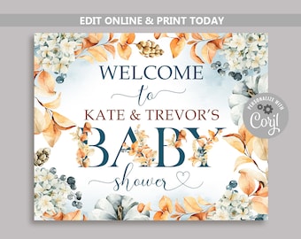 Pumpkin Baby Shower Welcome Sign, Orange & Blue Autumn printable invitation, Fall Theme Boy Baby Shower invite Template, It&#39;s a Boy N79