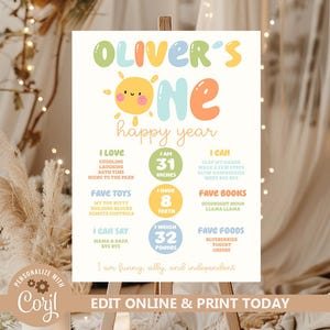 May include: A colorful birthday sign with the text "Oliver's One" and "Happy Year." It includes a sun graphic and lists facts like height (31 inches), weight (32 pounds), and favorite things. The sign is on a wooden easel.
