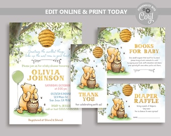 Pode incluir: Conjunto de convites para chá de bebê com tema Winnie the Pooh com ilustrações em aquarela de Winnie the Pooh e potes de mel. O convite inclui uma mensagem de boas-vindas, detalhes sobre o chá de bebê e informações de RSVP. O conjunto também inclui cartões para uma rifa de livros e fraldas.