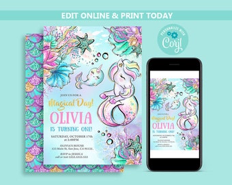 Editable Mermicorn Birthday Party Invitation, Magical Unicorn Template, Under the Sea birthday invites, Mermaid Birthday Pool Party  N17