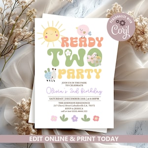 Ready Two Party Invitation Template, Girl 2nd Birthday Invite, Spring Garden Party Invitation Retro Flowers, Pool Party 2nd Birthday N244