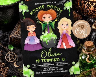 May include: A rectangular invitation card with a black background featuring three cartoon witches, a green bubbling cauldron, and the text JOIN US FOR A BUNCH OF HOCUS POCUS, Olivia IS TURNING 13, SATURDAY | OCTOBER 17th | at 2:00PM, OLIVIA'S HOUSE, 123 Main St, San Jose, CA 95125, RSVP to JESSICA call or text 5555.5555.555.