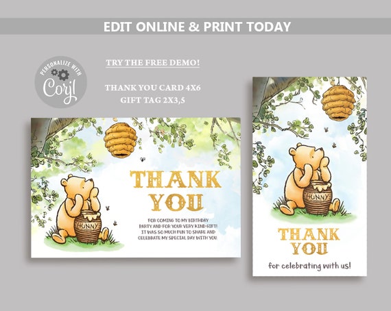 Winnie the Pooh Thank You Card & Favor Tag (digital Download) - Etsy