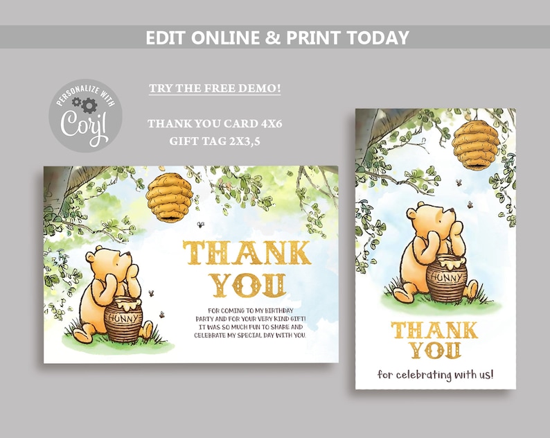 Classic Winnie The Pooh Thank You Card, Winnie Pooh Baby Shower, Winnie Pooh Birthday Favor Tag Classic Pooh Baby Shower Thank You Label N85