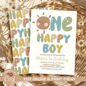 One Happy Boy Birthday Invite 1st Birthday Invitation Boy First Birthday Invitation Sun Invitation Sunshine invite Boho One Happy Boy N283