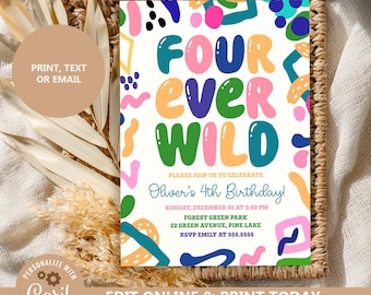 Four Ever Wild-uitnodiging, bewerkbare kleurrijke uitnodigingssjabloon voor 4e verjaardag (digitale download) N326