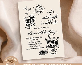 Hand Drawn Birthday Party Invitation Template (Digital Download)