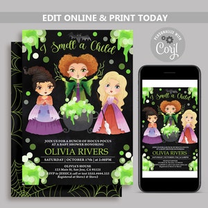Könnte beinhalten: Eine Babyparty-Einladung im Halloween-Stil mit schwarzem Hintergrund und grünen und violetten Akzenten. Die Einladung zeigt drei Hexen aus dem Film Hocus Pocus, mit dem Text "I Smell a Child" oben. Die Einladung enthält den Text "Join us for a bunch of Hocus Pocus at a baby shower honouring Olivia Rivers. Saturday, October 17th at 2:00 PM. Olivia's House, 123 Main St, San Jose, CA 95125. RSVP to Jessica call or text 5555.4444.333. Registered at Store1 & Store2."