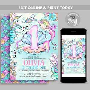 Mermaid Invitation, Editable Mermaid 1st Birthday Party Invite, Under the Sea birthday invites, Mermaid Birthday Pool Party invitations N165