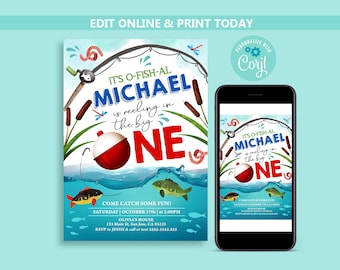 Può includere: Un invito stampabile blu e bianco per una festa di primo compleanno a tema pesca. L'invito presenta una canna da pesca di cartone animato, un galleggiante rosso e bianco e un grande numero uno. Il testo sull'invito recita "It's O-Fish-Al Michael is reeling in the big one".