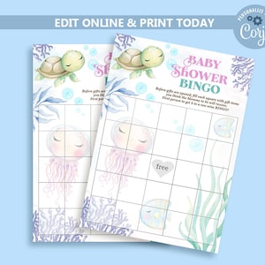 Tarjetas de bingo editables bajo el mar Baby Shower, tema del océano Tarjetas de juego de bingo para bebés Animales marinos Juego de bingo para baby shower Plantilla editable N215