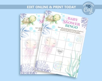 Cartes de bingo pour baby shower Under The Sea : thème de l'océan (modèle modifiable)