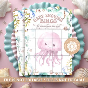 Tarjeta de bingo para bebés bajo el mar, juego de bingo de medusas rosas, tarjetas de bingo para baby shower con temática del océano, juego de bingo para baby shower con animales marinos imprimible N271