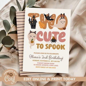 Two Cute To Spook Invitation, Halloween 2nd Birthday Invitation, Spooky 2nd Birthday Party Invite, Ghost 2nd Birthday Evite Template N294