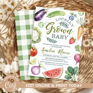 Locally Grown Baby Shower Invitation, Farmers Market Baby Shower Invite, Homegrown, Editable Farmer&#39;s Market DIY Printable Template