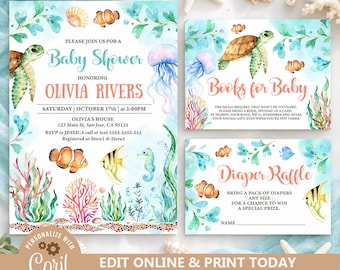 May include: A watercolor baby shower invitation set featuring sea life illustrations including a sea turtle, clownfish, jellyfish, and seahorse. The text includes Baby Shower, Books for Baby, and Diaper Raffle with event details and coral reef accents.