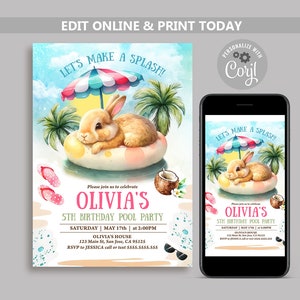 Pool Party invitation, Editable Pool Bunny Girl invites, Girl Pool Rabbit Birthday Party Pool Bunny Girl Invite Girl Pool Party Template