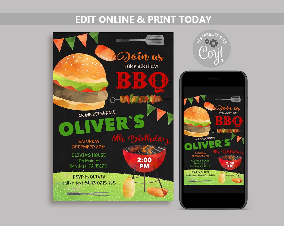 BBQ Birthday Party Invitation, Hamburger Birthday Party, Summer