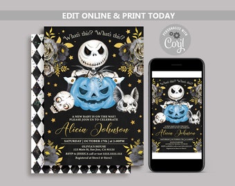 Jack Skellington-uitnodiging voor babyshower: gotische Halloween-sjabloon