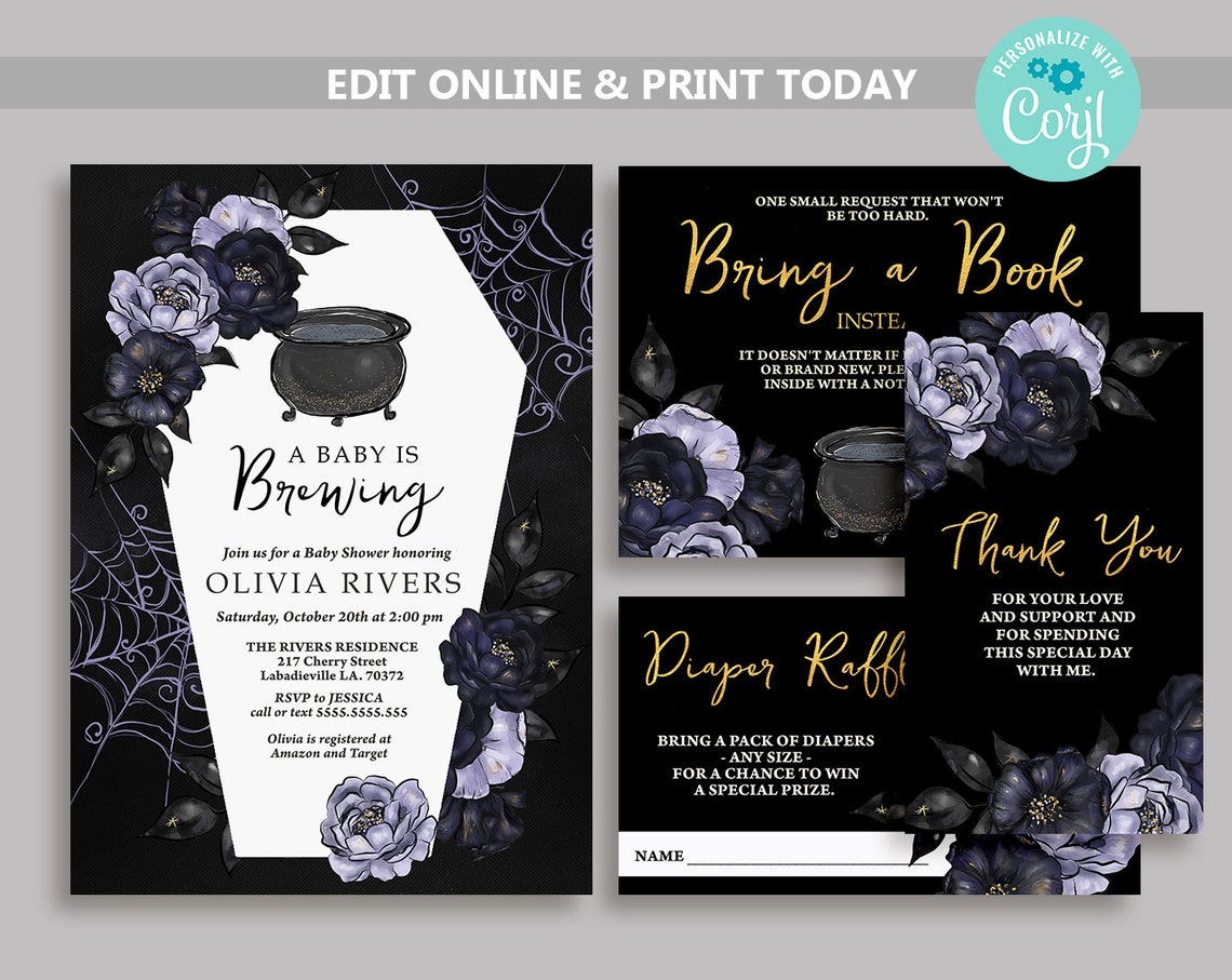 Gothic Baby Shower invitation Set, A Baby Is Brewing Halloween Baby Shower Invite, Adult halloween, Halloween Baby Shower Template N60 image 1