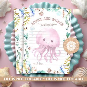 Onder de zee advieskaart babyshower, roze kwal advies en wensen sjabloon, oceaanthema baby advieskaart baby, zeedier babyshower