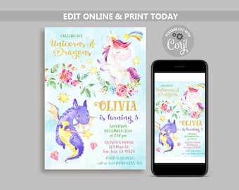 May include: A printable invitation for a unicorn and dragon themed birthday party. The invitation features a purple dragon with wings and a unicorn with a rainbow mane. The text on the invitation reads "Calling all Unicorns & Dragons, Olivia is turning 3".