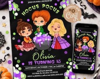 May include: A Hocus Pocus themed birthday invitation card and a smartphone displaying the same design. The black background features three cartoon characters, a bubbling cauldron, and text reading JOIN US FOR A BUNCH OF HOCUS POCUS, Olivia IS TURNING 13.