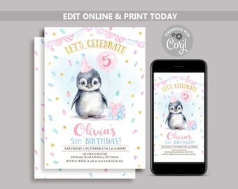 Editable Penguin Birthday Invitation: Winter Arctic Animals (Digital Corjl)