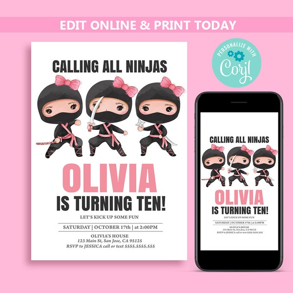 Editable Ninja Birthday Invitation, Ninja Party, Ninja Birthday Party, Ninja Invitation, Ninja Invite, Karate Birthday, instant download N38