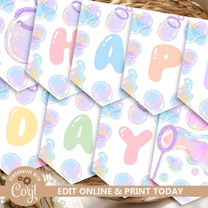 May include: A banner with the words "HAPPY DAY" in pastel colors. Each letter is on a separate pennant, surrounded by watercolor bubbles. The banner has the text "EDIT ONLINE & PRINT TODAY" and "PERSONALIZE WITH Corjl".