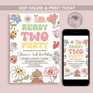 Ready Two Party Invitation, Girl 2nd Birthday Party Invitation Template, Summer Garden Party Invite Printable, Groovy Birthday Invites N249
