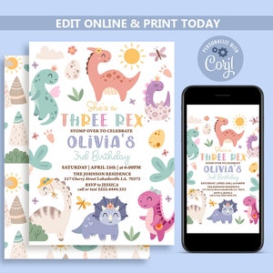 THREE-REX 3rd Birthday Girl Invitation Dinosaur Invitation Dinosaur Birthday Party Invite Dinosaur Birthday Digital Template Dino Party N233