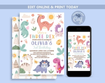 May include: A printable invitation for a dinosaur-themed birthday party. The invitation features a pink, green, and purple dinosaur with the text "She's a Three Rex: Stomp Over to Celebrate Olivia's 3rd Birthday".