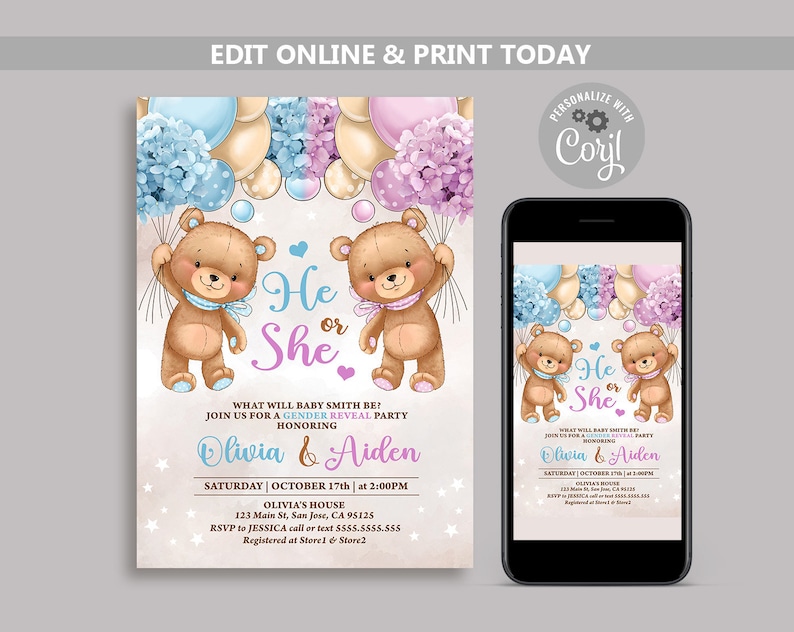 Teddy Bear Gender Reveal Invitation Teddy Bear With Balloons Etsy